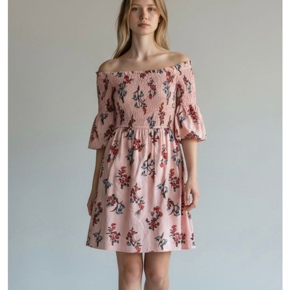 Donna Morgan 6P Pastel Peach Floral Smocked Babydoll Prairie Dress Cottagecore